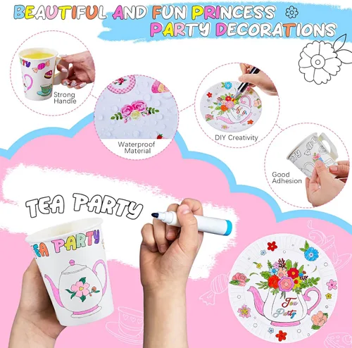 Miniatura 3 de Lenwen Juego de 48 tazas de fiesta de té con asa, tazas y platos de papel de 8 onzas para colorear tú mismo, tazas y platos para aperitivos, postres