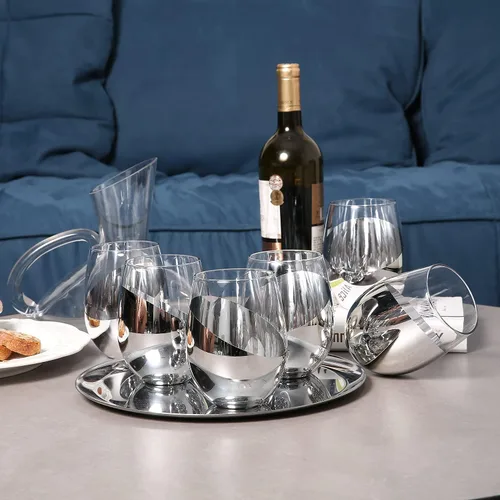 Miniatura 6 de MyGift Juego de 6 copas de vino modernas sin tallo, copas de vino blanco o tinto con fondo metálico plateado en ángulo plata (juego de 6)