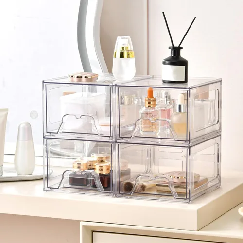 Miniatura 5 de Juego de 4 cajones organizadores de maquillaje apilables, organizadores de plástico transparente para suministros de belleza, ideal para tocador