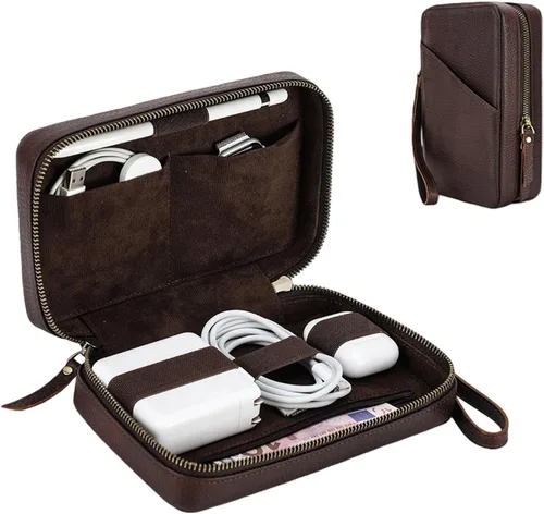Acidea Caja de almacenamiento de accesorios electrónicos de cuero de grano completo, bolsa organizadora de cables de viaje, estuche enrollable con