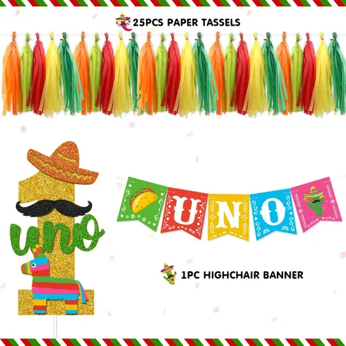 Miniatura 3 de Decoración de fiesta mexicana para el primer cumpleaños, pancarta para silla de bebé, decoración de tarta, adorno de taco, borla de papel, guirnalda