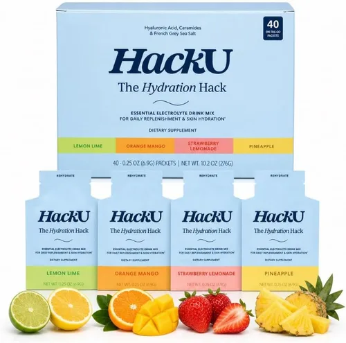 Miniatura 11 de HackU Hydration Hack - Paquetes de hidratación de electrolitos y piel – Mezcla de bebida sin azúcar, sin hinchazón con magnesio, ácido hialurónico