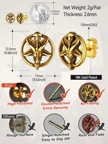 Miniatura 6 de FaithHeart Satan Stud Earrings for Men Sturdy Stainless Steel Satanist Demon Earrings Gothic Punk Satanic Jewelry