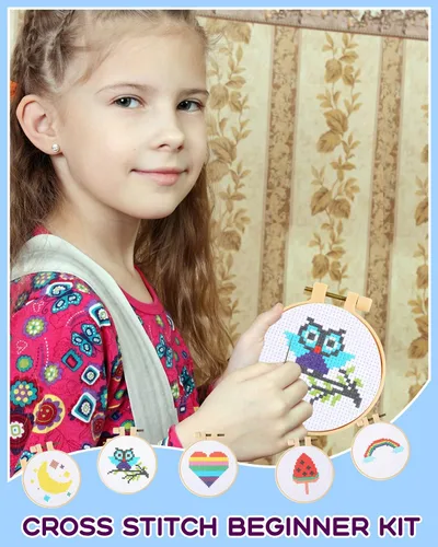 Miniatura 7 de Pllieay Kit de punto de cruz para principiantes para niños de 7 a 13 años, incluye 6 patrones de punto de cruz y 2 aros, 12 madejas, kit de inicio