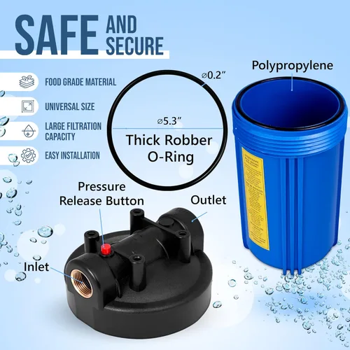 Miniatura 2 de Sistema purificador de filtro de agua azul de alta capacidad de 10 x 4.5 pulgadas para toda la casa con botón de alivio de presión, puerto de latón