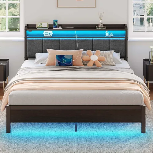Rolanstar Base de cama tamaño King con estación de carga y luces LED, cabecera tapizada con estantes de almacenamiento, listones de metal Gris