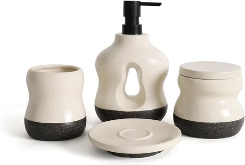 BosilunLife Juego de 4 accesorios de baño de cerámica, dispensador de jabón hueco ondulado y artículos esenciales de tocador, beige de dos tonos con