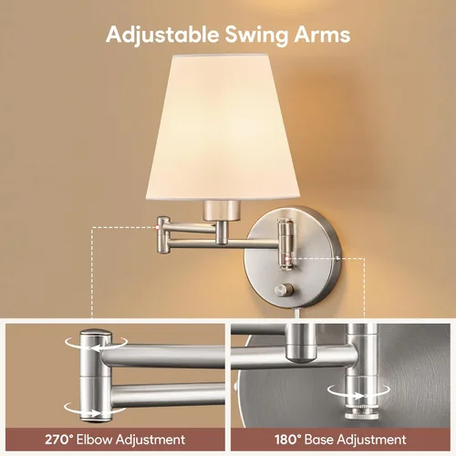 Miniatura 4 de VONLUCE Lámpara de pared con brazo oscilante ajustable moderna de níquel cepillado, iluminación de aplique de pared enchufable para mesita de noche
