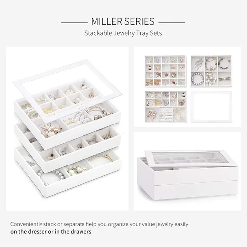 Miniatura 6 de Vlando - Bandeja organizadora de joyas apilable de gran capacidad organizador de cajones bandeja de exhibición caja para anillos aretes collares