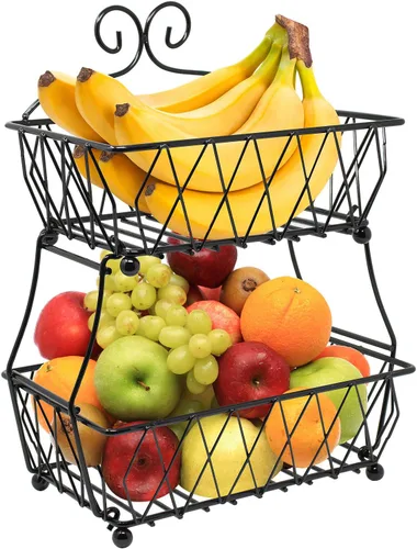 Miniatura 6 de Sorbus Soporte de exhibición de cesta de frutas, 2 niveles, para almacenamiento de verduras, frutas y pan para cocina, baño, rectangular de metal