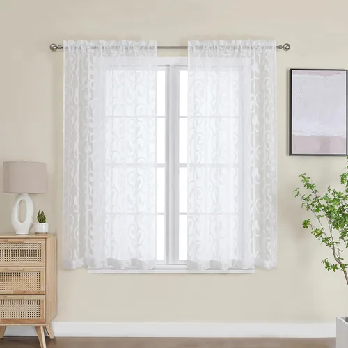 Miniatura 59 de OWENIE Furman - Juego de 2 paneles de cortinas traslúcidas negras de 24 pulgadas de largo, cortinas semitransparentes de jacquard ligeras y aireadas