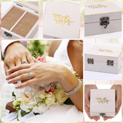 Miniatura 4 de Caja de madera para anillo de ceremonia de boda soporte de anillo de madera rústico para anillos de matrimonio y joyería de pareja