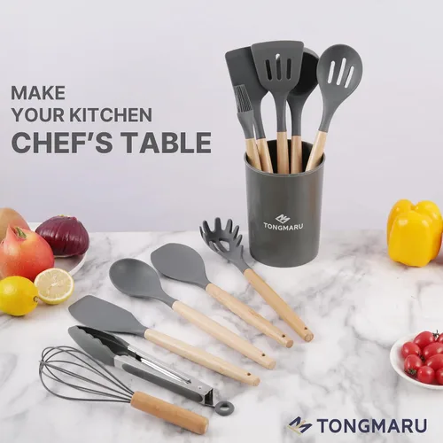 Miniatura 2 de Juego de utensilios de cocina de silicona, juego de utensilios de cocina con mango de madera de haya de alta calidad, antiadherentes, espátula