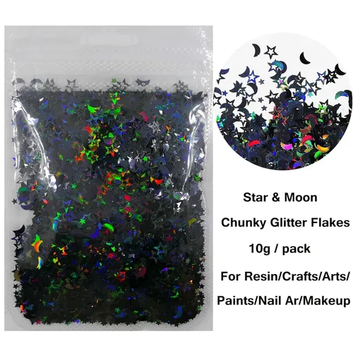 Miniatura 4 de LoveOurHome 6 colores de estrellas y lunas con purpurina gruesa, escamas de resina epoxi, accesorios holográficos, estrellas negras y azules
