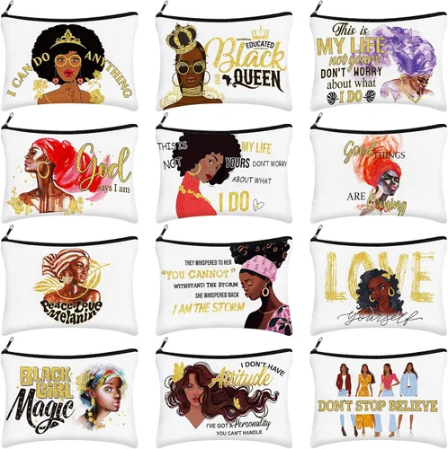 Umigy 12 bolsas de maquillaje para niñas africanas, regalos para niñas negras, arte de melanina afro, bolsas de lona para cosméticos, divertidas