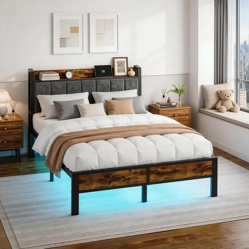 Miniatura 7 de Liians Base de cama LED de tamaño matrimonial con estación de carga y cabecera de almacenamiento, plataforma de metal, no necesita somier, fácil