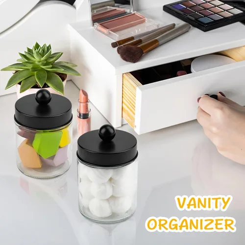 Miniatura 4 de Juego de 2 tarros de boticario de cristal con tapas para baño, lindo soporte para cotonetes, juego de accesorios de baño negros, pequeños