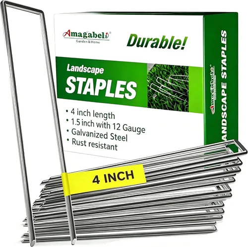 AMAGABELI GARDEN & HOME Paquete de 50 grapas galvanizadas de 4 pulgadas para jardín, estacas de jardín de calibre 12, estacas de cubierta de
