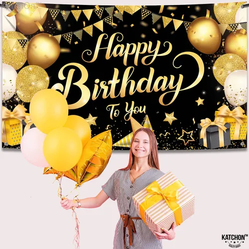 Miniatura 4 de KatchOn, Cartel de feliz cumpleaños negro y dorado – Xtragrande de 72 x 44 pulgadas Decoraciones de cumpleaños para mujeres, hombres, niños