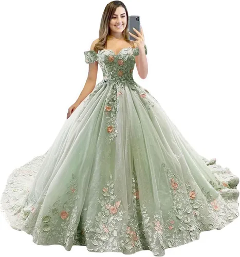 Mauuwy Vestidos de quinceañera de flores florales de encaje de princesa, vestido de baile de tul brillante hinchado dulce 16 vestidos para fiesta de