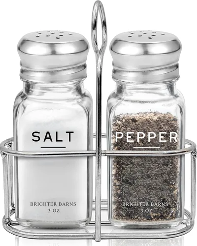 Brighter Barns - Juego de saleros y pimenteros de cristal con soporte, decoración moderna de cocina, accesorio de encimera de mesa de comedor,