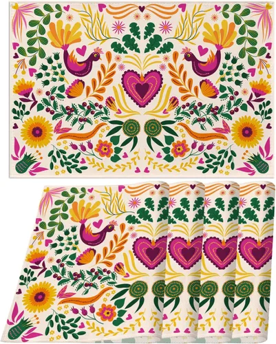 Sunwer Juego de 4 manteles individuales de fiesta mexicana, diseño floral de Cinco de Mayo, decoración de fiesta del Día de los Muertos, decoración