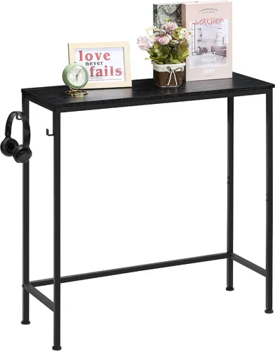 Shinoske Mesa de entrada negra de 31.4 pulgadas, moderna mesa consola estrecha con 2 ganchos, fina y pequeña para detrás del sofá, para sala de