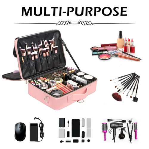 Miniatura 6 de Gzcz Estuche de viaje para maquillaje, profesional, 16 pulgadas, gran capacidad, organizador de brochas, portátil, para artistas, divisores Negro