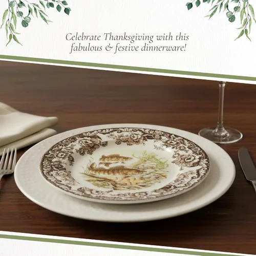 Miniatura 5 de Spode Woodland - Plato de ensalada de porcelana fina, diseño de lucioperca con borde floral marrón, vajilla clásica de campo inglés para cenas