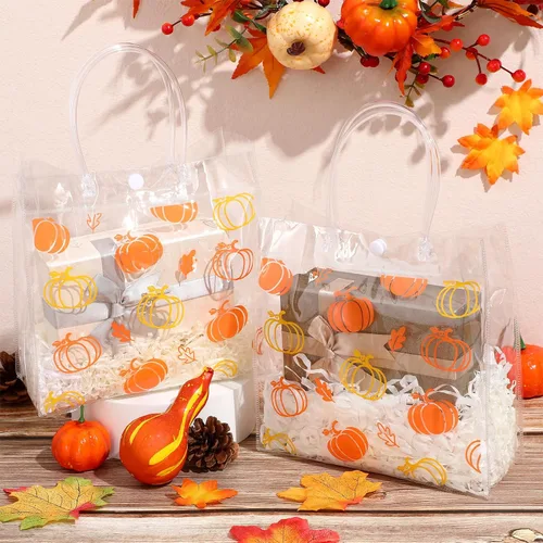 Miniatura 4 de Aliceset 12 bolsas de regalo transparentes de otoño con asa, bolsa de regalo de calabaza naranja para otoño, vacaciones, Halloween, Acción