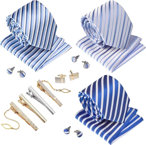 Miniatura 38 de Juego de corbata de regalo para hombre, corbata sedosa, bolsillo cuadrado, clips de corbata, gemelos para hombres