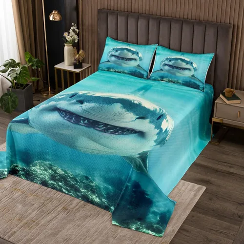 Miniatura 3 de Castle Fairy Shark Kids Bedspread Twin Size,3D Shark Bule Underwater World Coverlet Set,Boys Girls Bedroom Decor,Marine Life Quilted Coverlet,Ocean