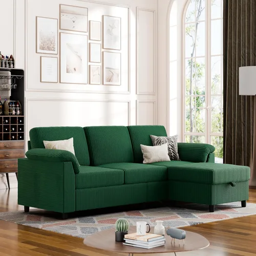 Miniatura 11 de Vongrasig Sofá Seccional Convertible, Sofá en Forma de L de 3 Asientos con Almohadas Removibles Tela de Pana Suave Sofá Pequeño de Mediados de Siglo