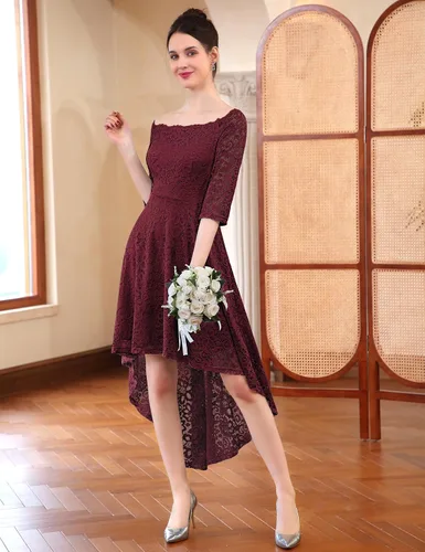 Miniatura 2 de Dressystar - Vestido de encaje para mujer, vestido asimétrico con vuelo y hombros descubiertos ideal para cóctel, dama de honor, fiesta formal