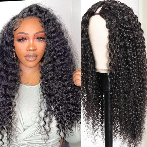 Miniatura 25 de Pelucas de Raya en V Rizadas con Forma de V para Mujeres Negras, Sin Mechas Fuera, Mejora de Raya en U, Sin Pegamento, Peluca Completa con Clip