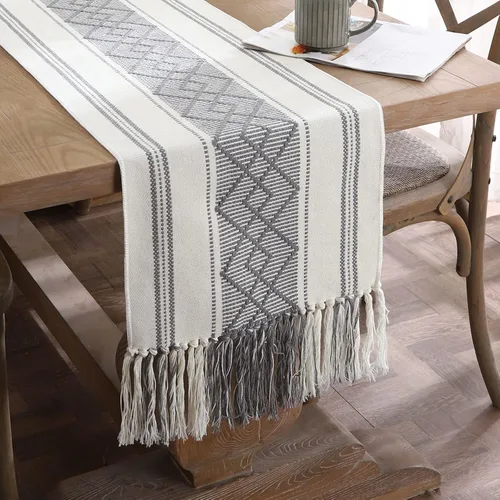 Miniatura 9 de Caminos de mesa tejidos estilo granja, caminos de mesa bohemios de 72 pulgadas de largo con borlas, elegantes caminos de mesa lavables para comedor