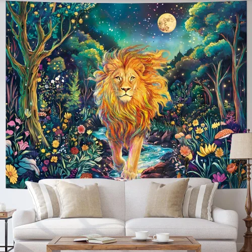 Miniatura 2 de Obsecolors Tapiz de pared de bosque reactivo a los rayos UV, diseño de león, galaxia, espacio, flores coloridas, tapices para colgar en la pared
