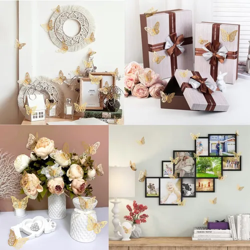 Miniatura 4 de Crosize - 72 piezas de decoraciones de mariposas doradas, 3 tamaños, 3 estilos, decoración de pared de mariposas 3D, decoraciones para fiestas