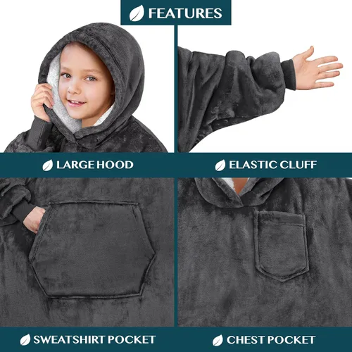 Miniatura 2 de PAVILIA Sudadera Manta Ponible para Niños y Niñas, Sudadera con Capucha Gigante Cálida y Acogedora, Forro Polar Sherpa con Capucha y Mangas de Gris