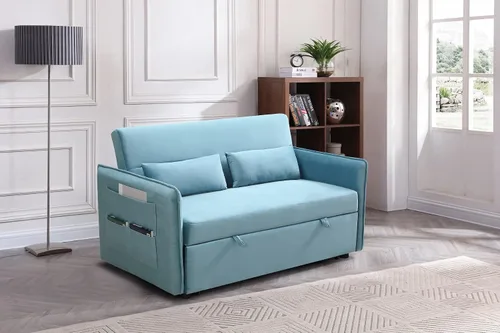 Miniatura 4 de Merax Sofá cama convertible moderno con 2 bolsillos laterales, sofá biplaza de tela con cama extraíble, 2 almohadas y respaldo ajustable para sala