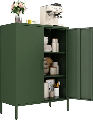 Miniatura 11 de Gabinete de Almacenamiento de Metal para Baño, Gabinete Aparador Negro con Puertas de Vidrio y Estantes Ajustables, Pequeños Gabinetes de Metal