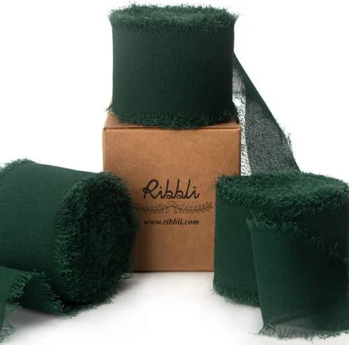 Ribbli - Cinta de gasa de seda de chifón verde bosque, de 1.5 pulgadas x 30 yardas - Hecha a mano, con flecos, para invitaciones de boda, envolver