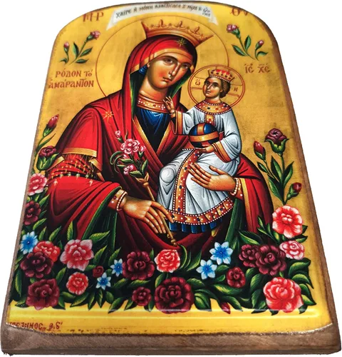 Miniatura 2 de Icono de madera ortodoxa griega de madera ortodoxa griega hecha a mano de la Virgen María, la rosa unwithering / MP2