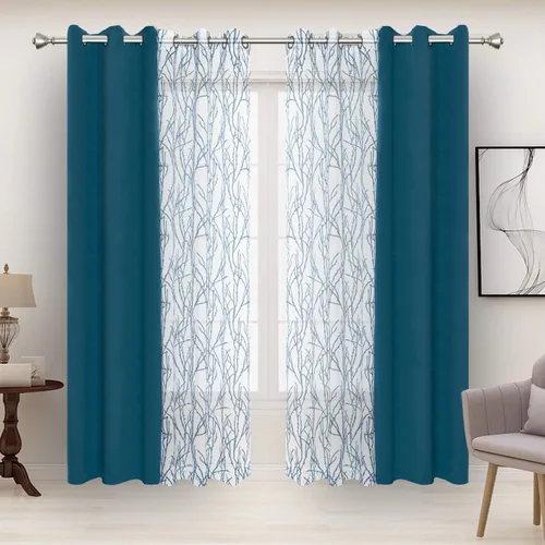 Miniatura 17 de BONZER Cortinas para Mezclar y Combinar - 2 Piezas de Cortinas Transparentes con Estampado de Ramas y 2 Piezas de Cortinas Opacas para Dormitorio