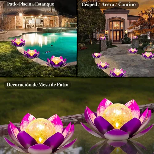 Miniatura 6 de AIINY Luz solar al aire libre (paquete de 2), decoración de loto de cristal, LED solar, impermeable, luces de flores de metal morado para patio, Azul