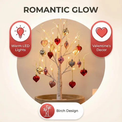 Miniatura 6 de Lámpara romántica de árbol de abedul en forma de corazón, decoración del día de San Valentín, árbol de abedul iluminado con adornos de corazón, haz