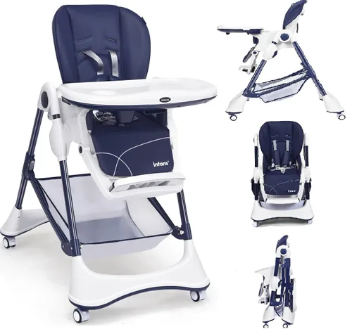 Miniatura 10 de INFANS Silla alta con bandeja extraíble con una sola mano, 4 ruedas bloqueables y cesta de almacenamiento grande, altura multiajustable, reclinable