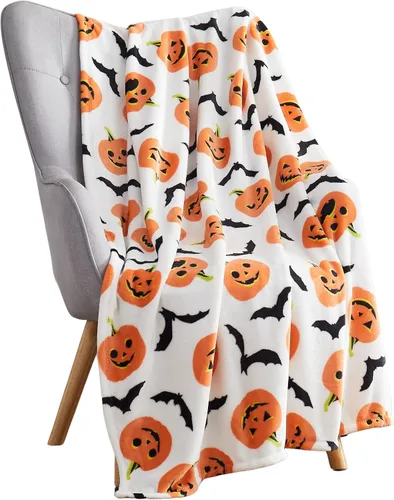 Miniatura 25 de Manta de Halloween: Jack O Lantern, calabazas, fantasmas blancos y telarañas en suave forro polar de terciopelo negro para sofá, sillas y cama Ghost