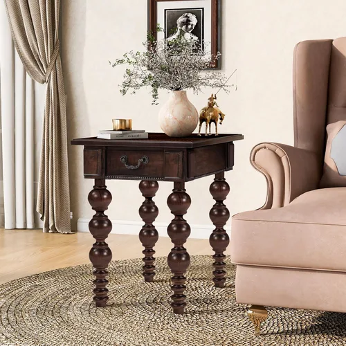 Miniatura 2 de Homora Mesa auxiliar rectangular de madera con cajón de almacenamiento, mesa de cóctel vintage con patas de madera maciza en forma de calabaza, mesa