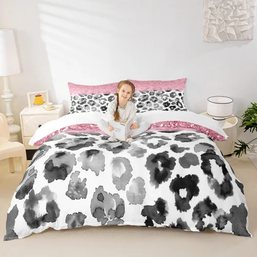 Miniatura 10 de Juego de funda de edredón para niños, tamaño individual, diseño de cebra y leopardo con purpurina, decoración de habitación para niñas y mujeres